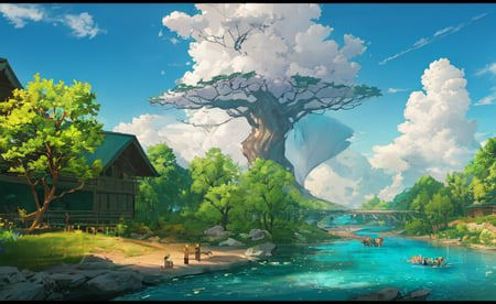08794-1026082105-ConceptArt, no humans, scenery, water, sky, day, tree, cloud, waterfall, outdoors, building, nature, river, blue sky.png